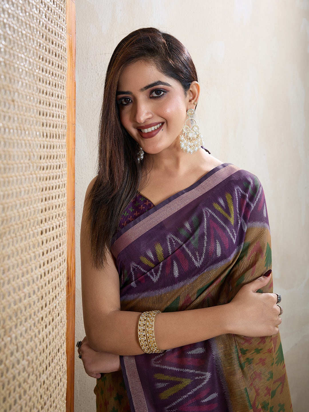 Olive & Purple Ikat Printed Chanderi Saree