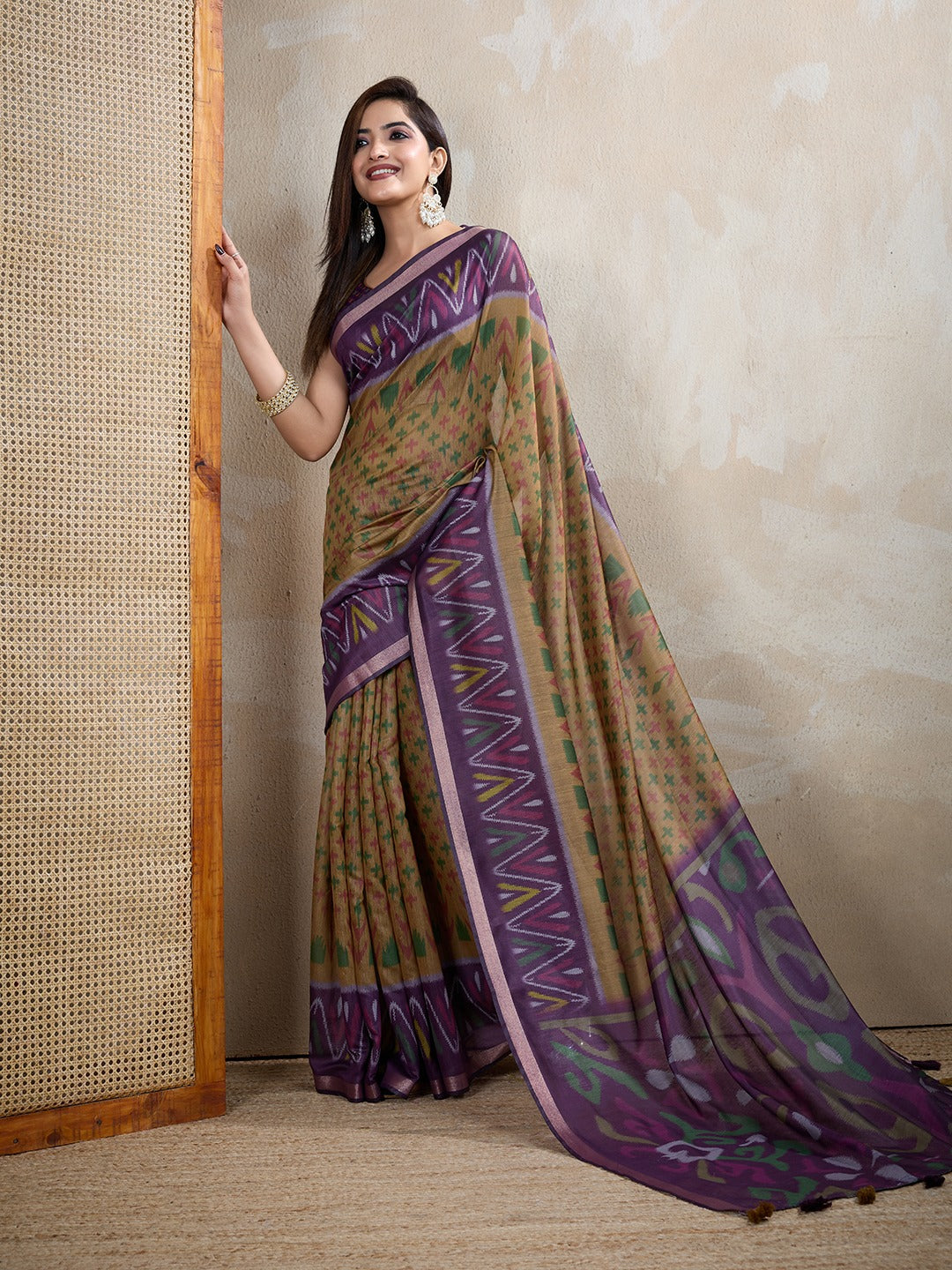 Olive & Purple Ikat Printed Chanderi Saree