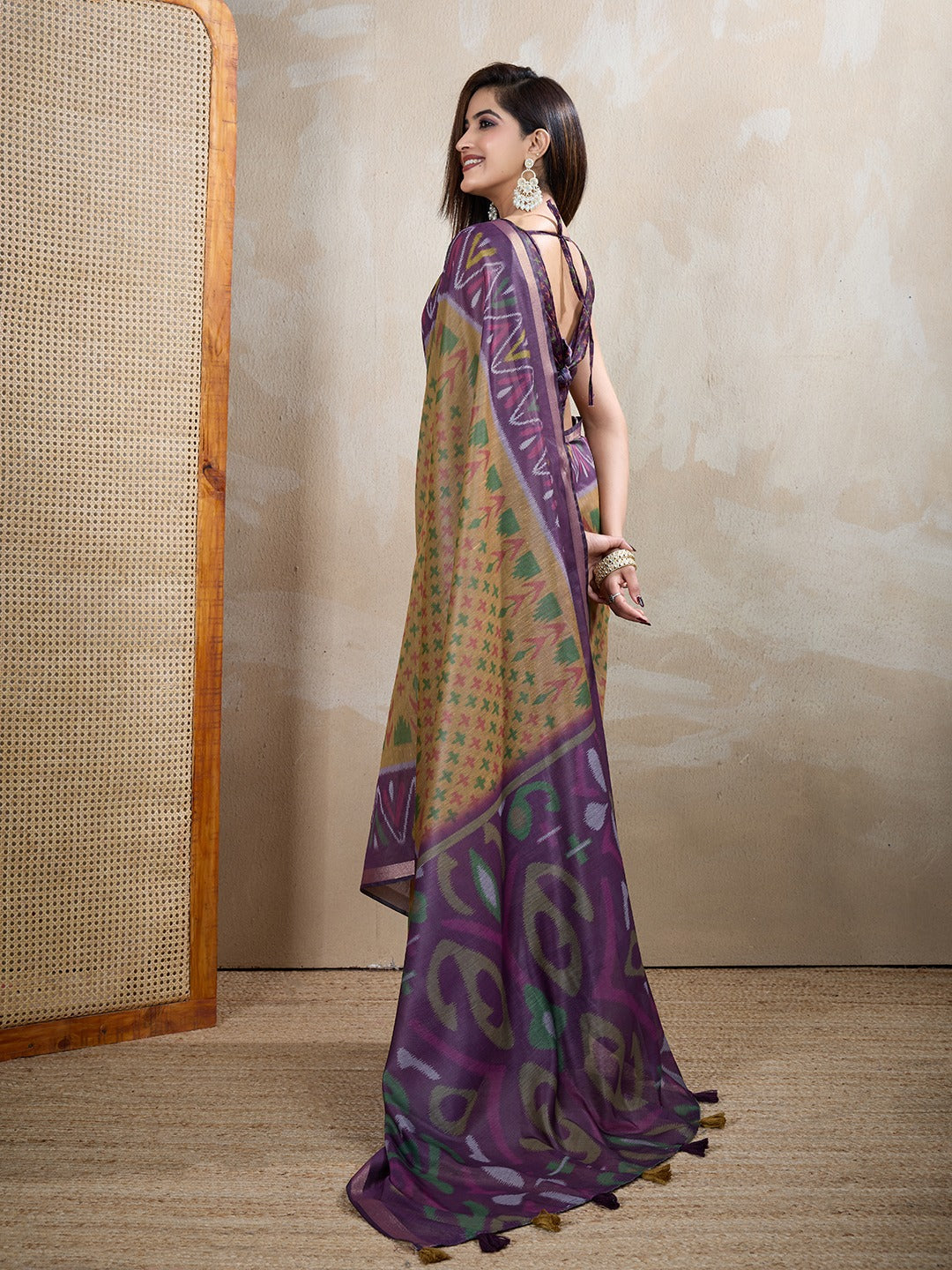Olive & Purple Ikat Printed Chanderi Saree