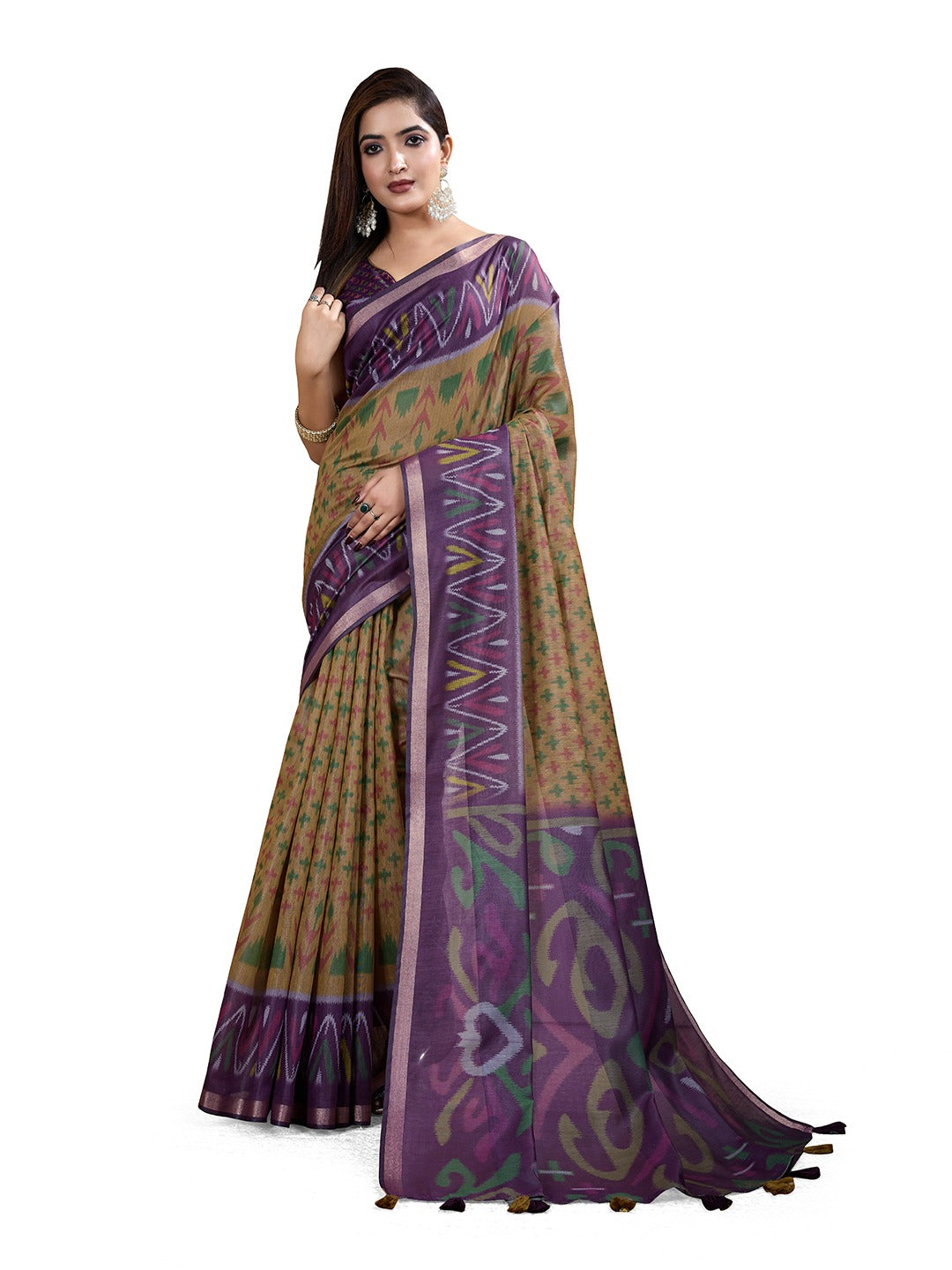 Olive & Purple Ikat Printed Chanderi Saree