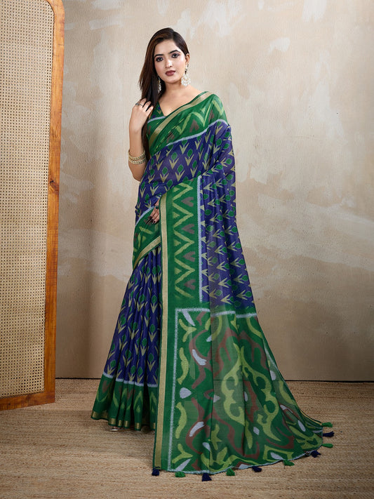Green & Blue Ikat Printed Chanderi Saree
