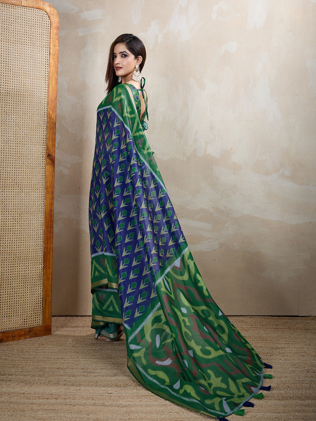 Green & Blue Ikat Printed Chanderi Saree