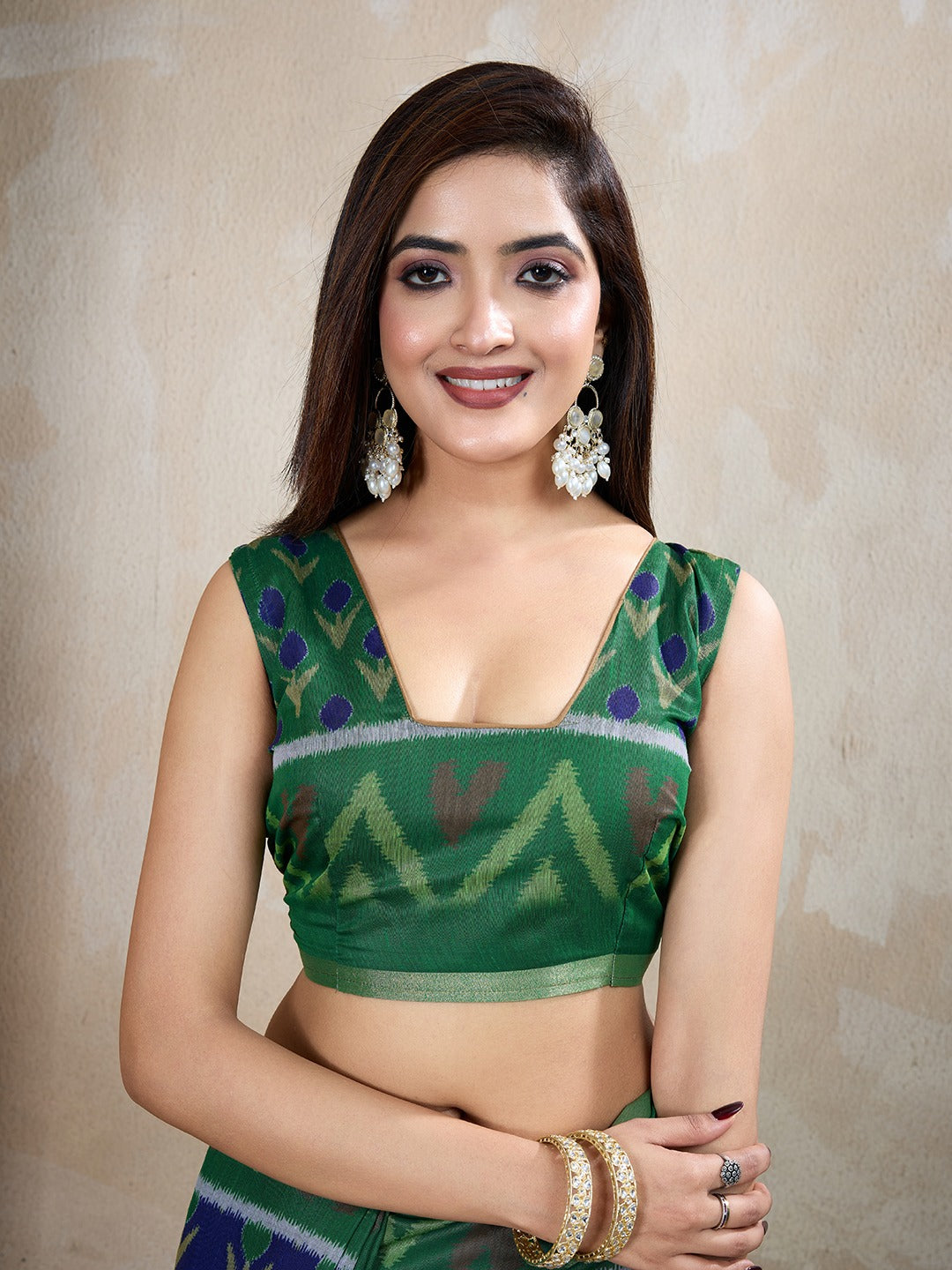 Green & Blue Ikat Printed Chanderi Saree