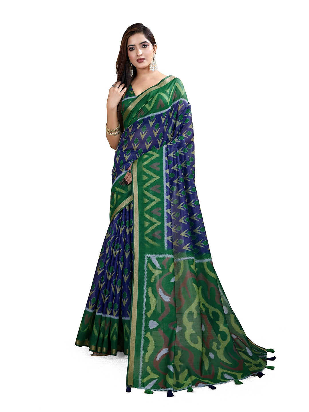 Green & Blue Ikat Printed Chanderi Saree