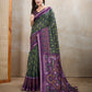 Dark Green & Purple Ikat Printed Chanderi Saree