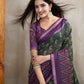 Dark Green & Purple Ikat Printed Chanderi Saree