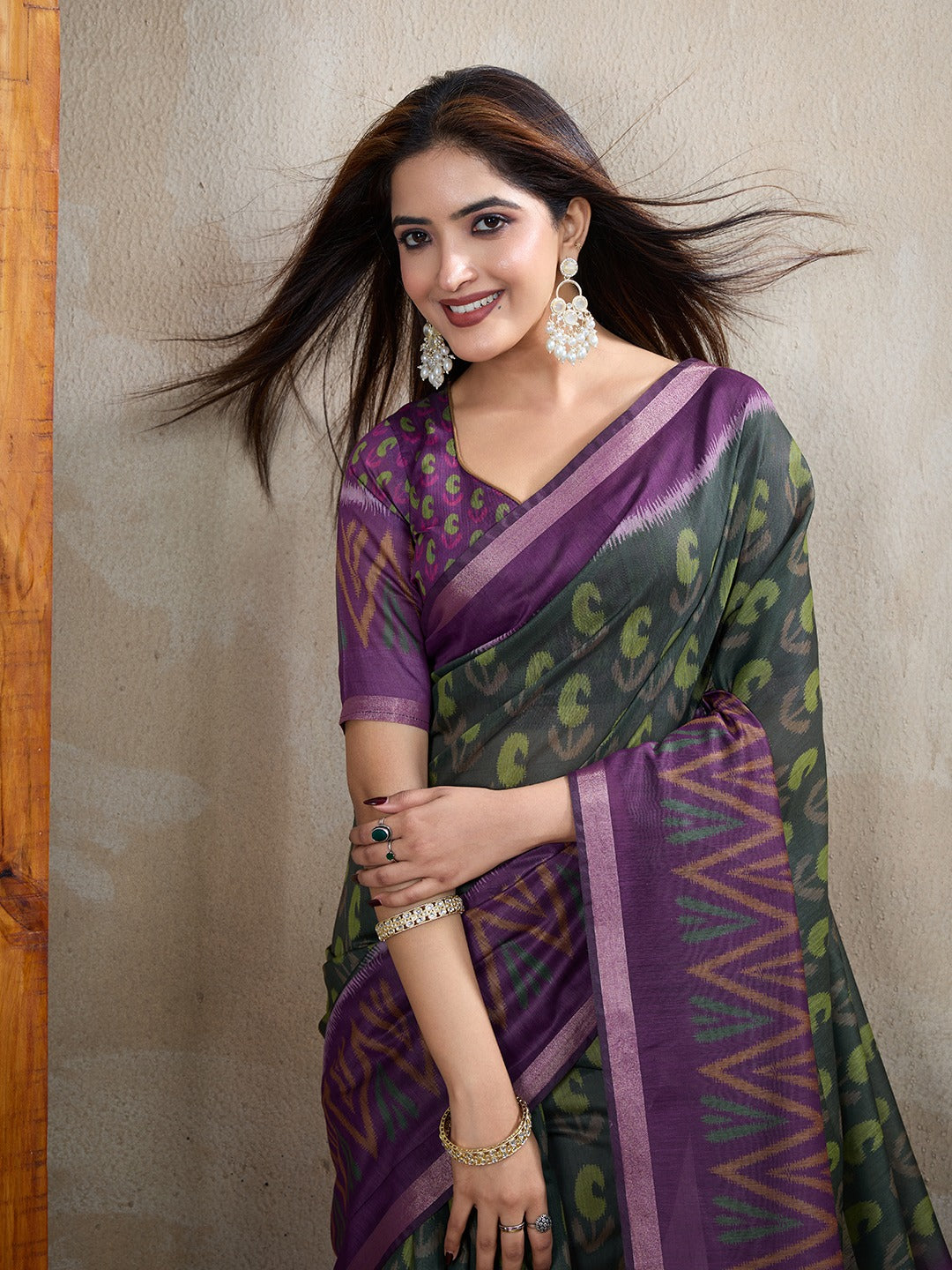 Dark Green & Purple Ikat Printed Chanderi Saree