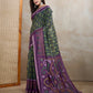 Dark Green & Purple Ikat Printed Chanderi Saree