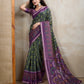 Dark Green & Purple Ikat Printed Chanderi Saree