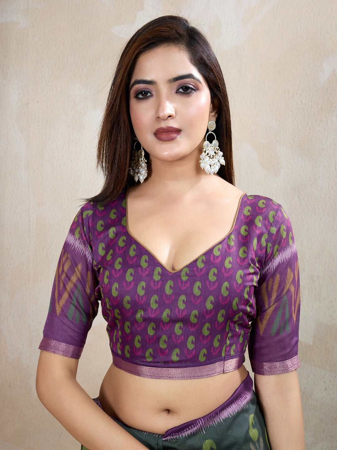 Dark Green & Purple Ikat Printed Chanderi Saree