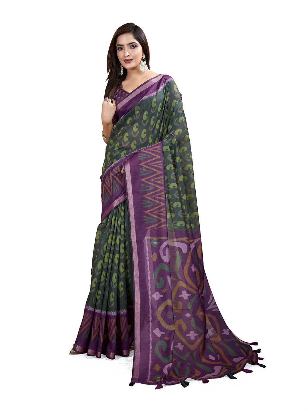 Dark Green & Purple Ikat Printed Chanderi Saree