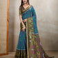 Teal Blue & Olive Green Ikat Printed Chanderi Saree