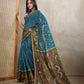 Teal Blue & Olive Green Ikat Printed Chanderi Saree