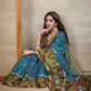 Teal Blue & Olive Green Ikat Printed Chanderi Saree