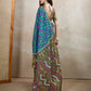 Teal Blue & Olive Green Ikat Printed Chanderi Saree