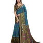 Teal Blue & Olive Green Ikat Printed Chanderi Saree