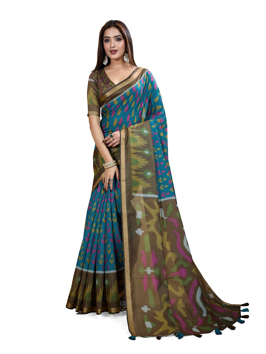 Teal Blue & Olive Green Ikat Printed Chanderi Saree