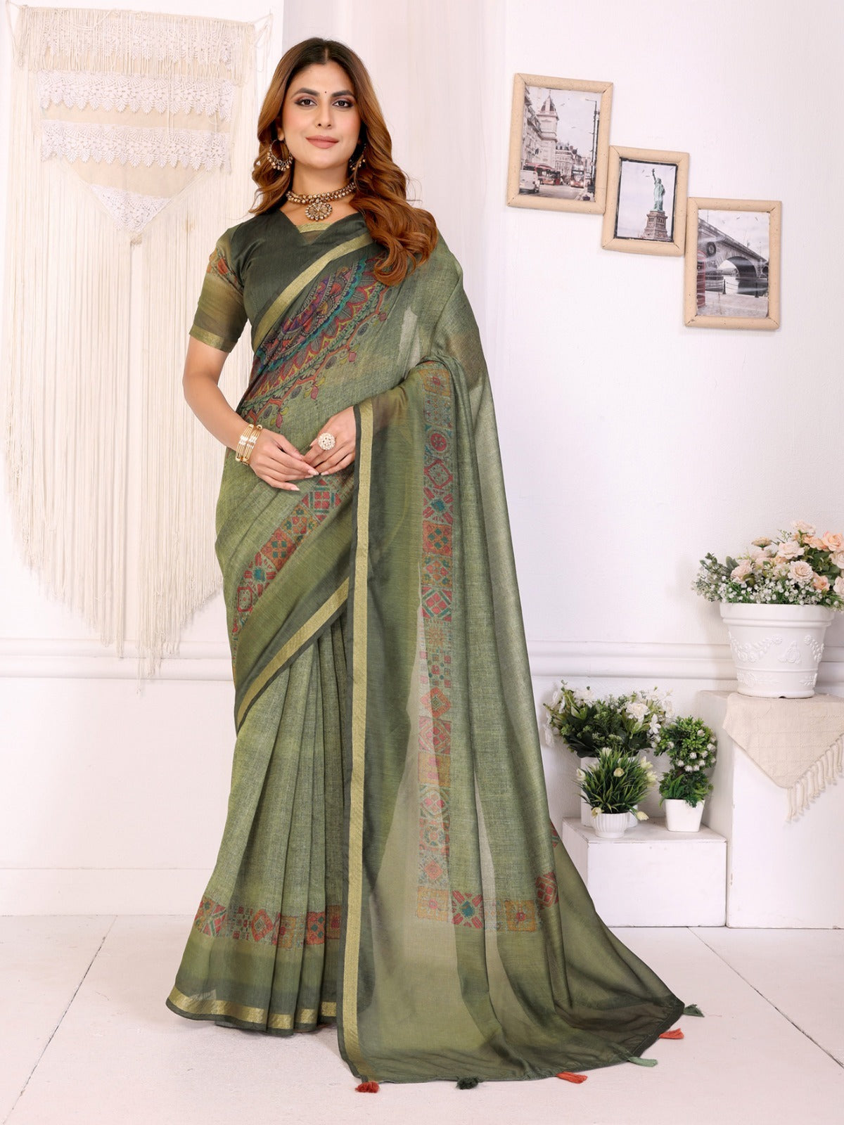 Olive Green Chanderi Saree with Woven Design