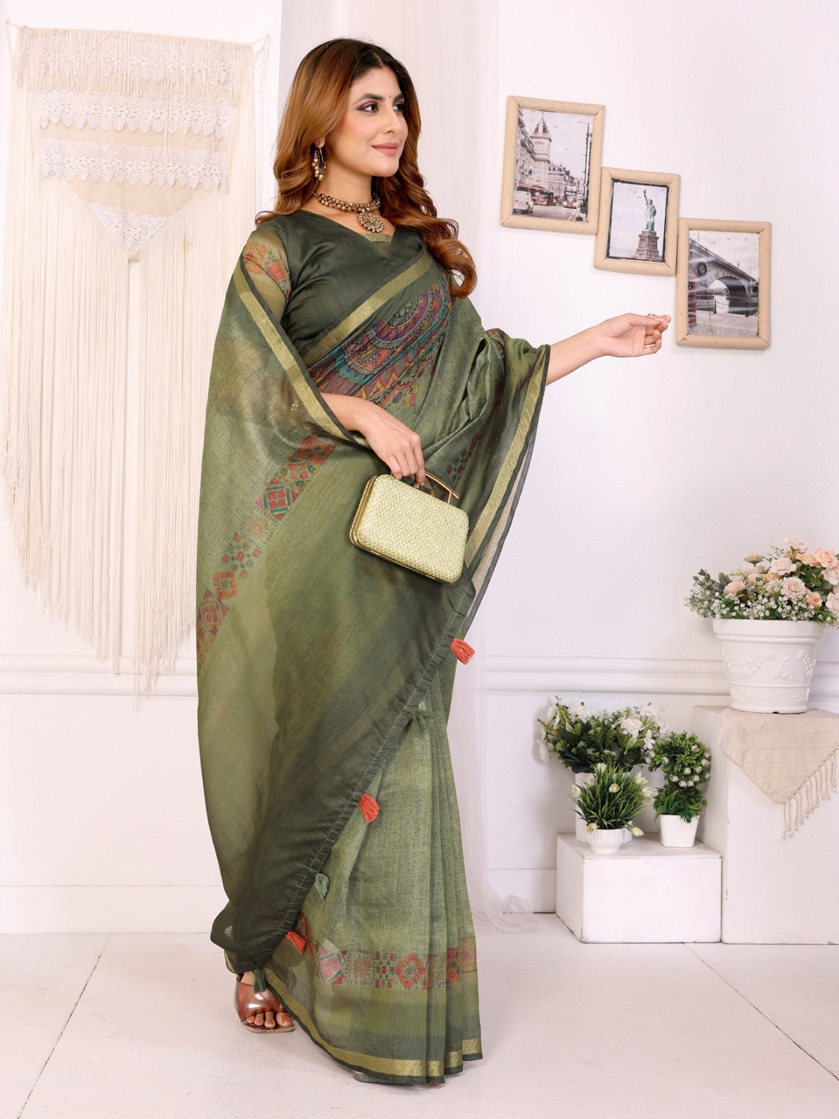 Olive Green Chanderi Saree with Woven Design