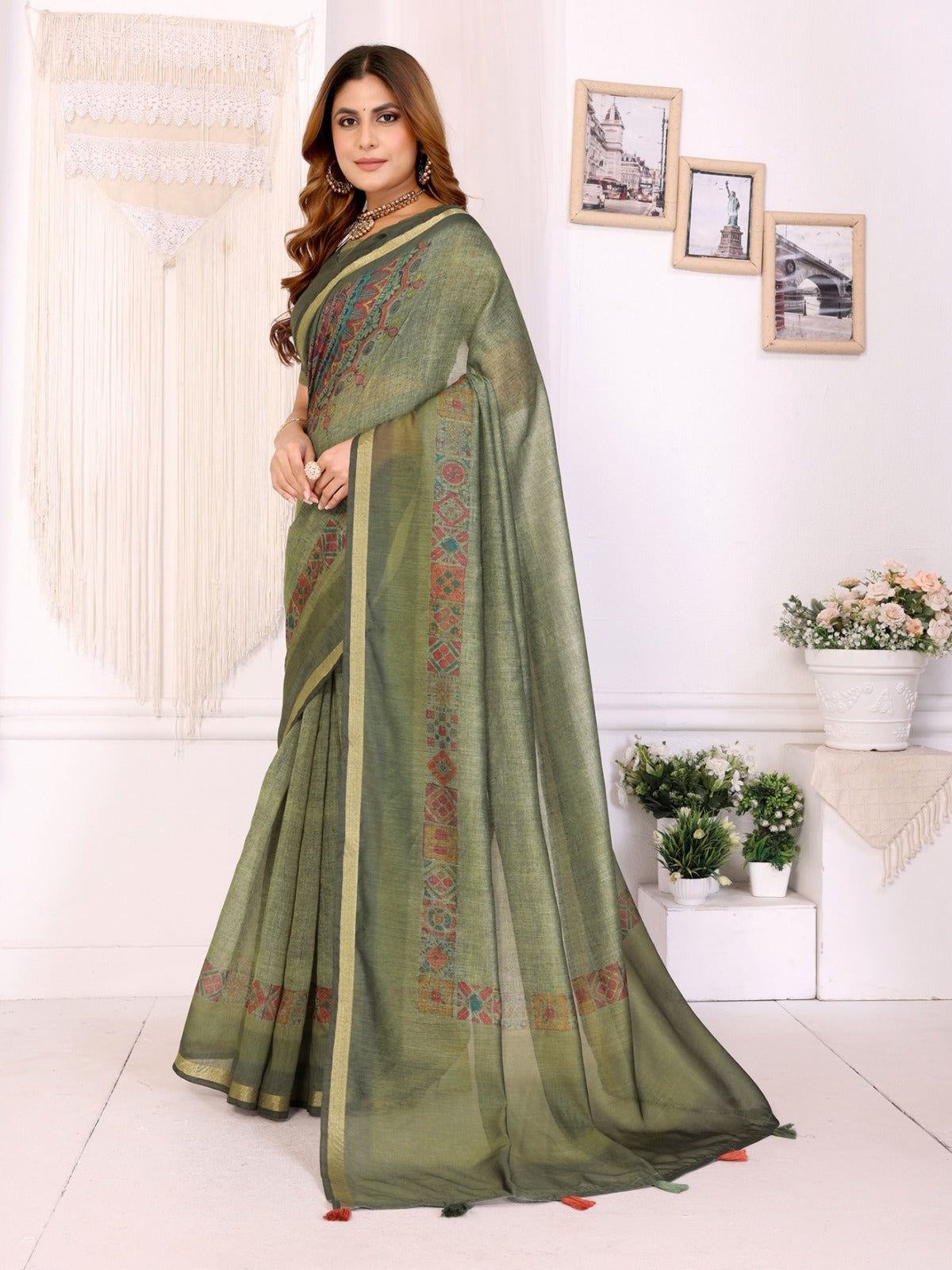 Olive Green Chanderi Saree with Woven Design