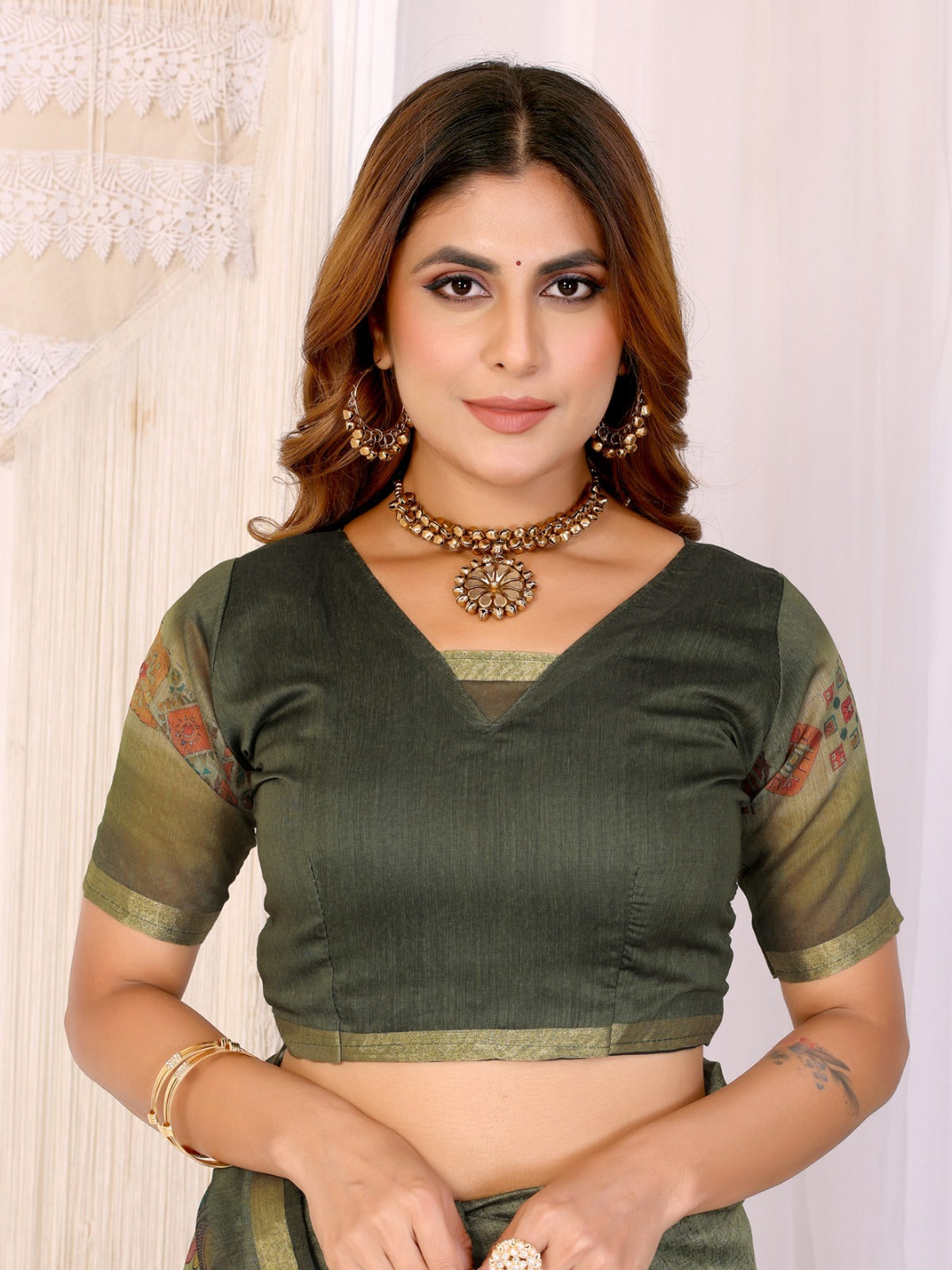 Olive Green Chanderi Saree with Woven Design