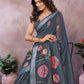 Grey Floral Linen Shimmer Saree