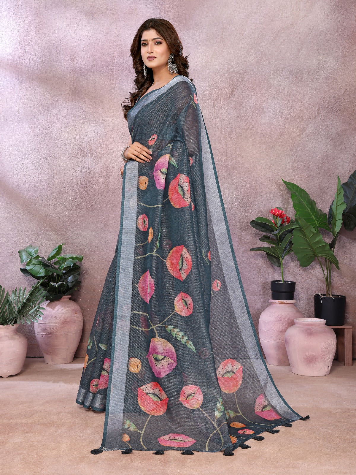 Grey Floral Linen Shimmer Saree