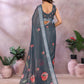 Grey Floral Linen Shimmer Saree
