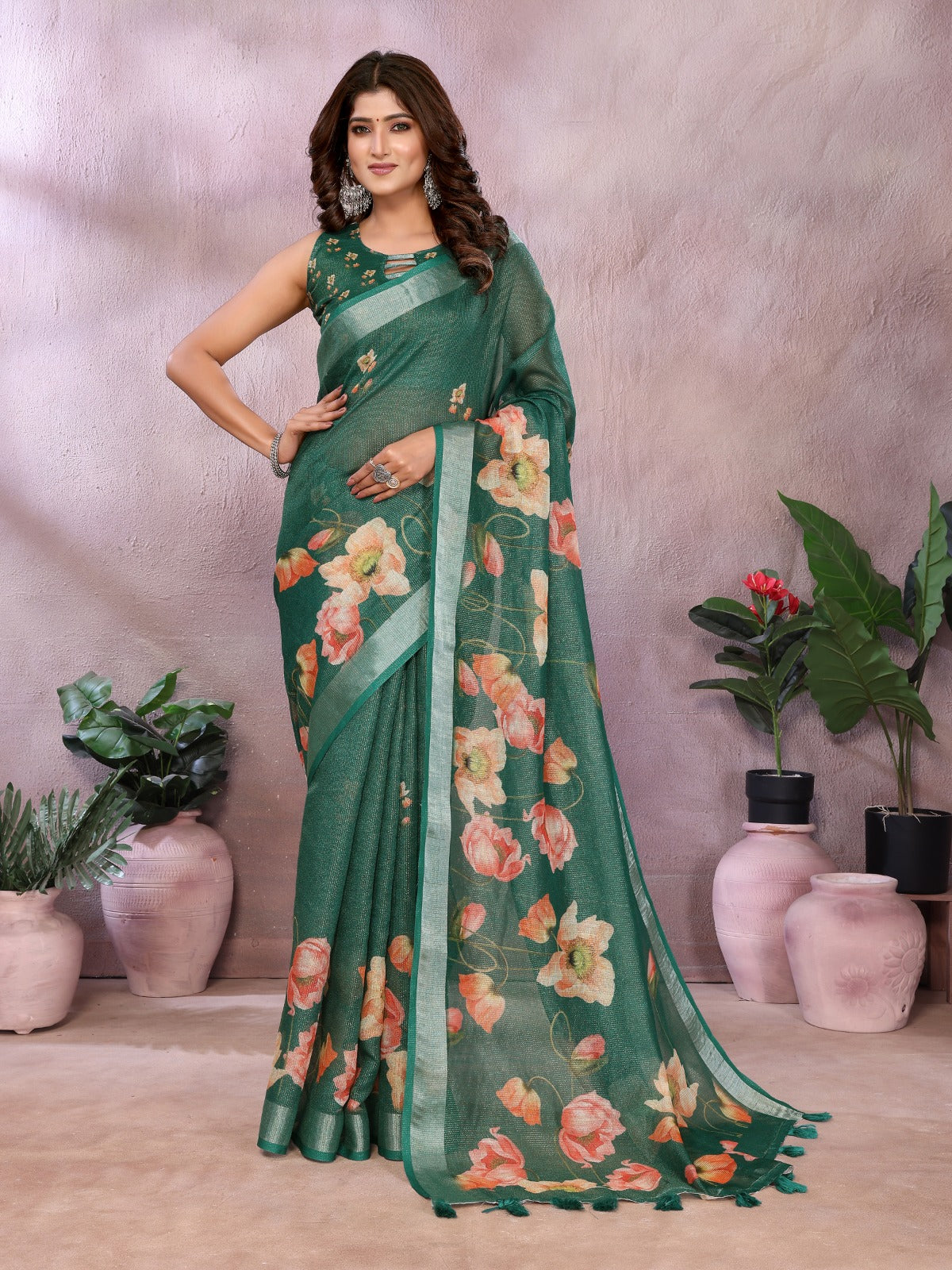 Green Floral Linen Shimmer Saree