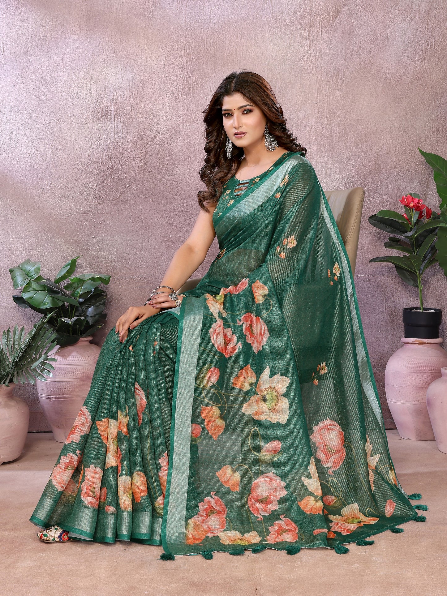 Green Floral Linen Shimmer Saree