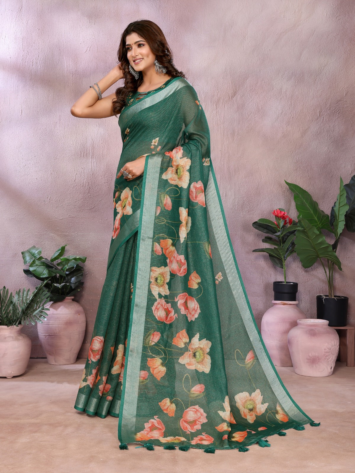 Green Floral Linen Shimmer Saree