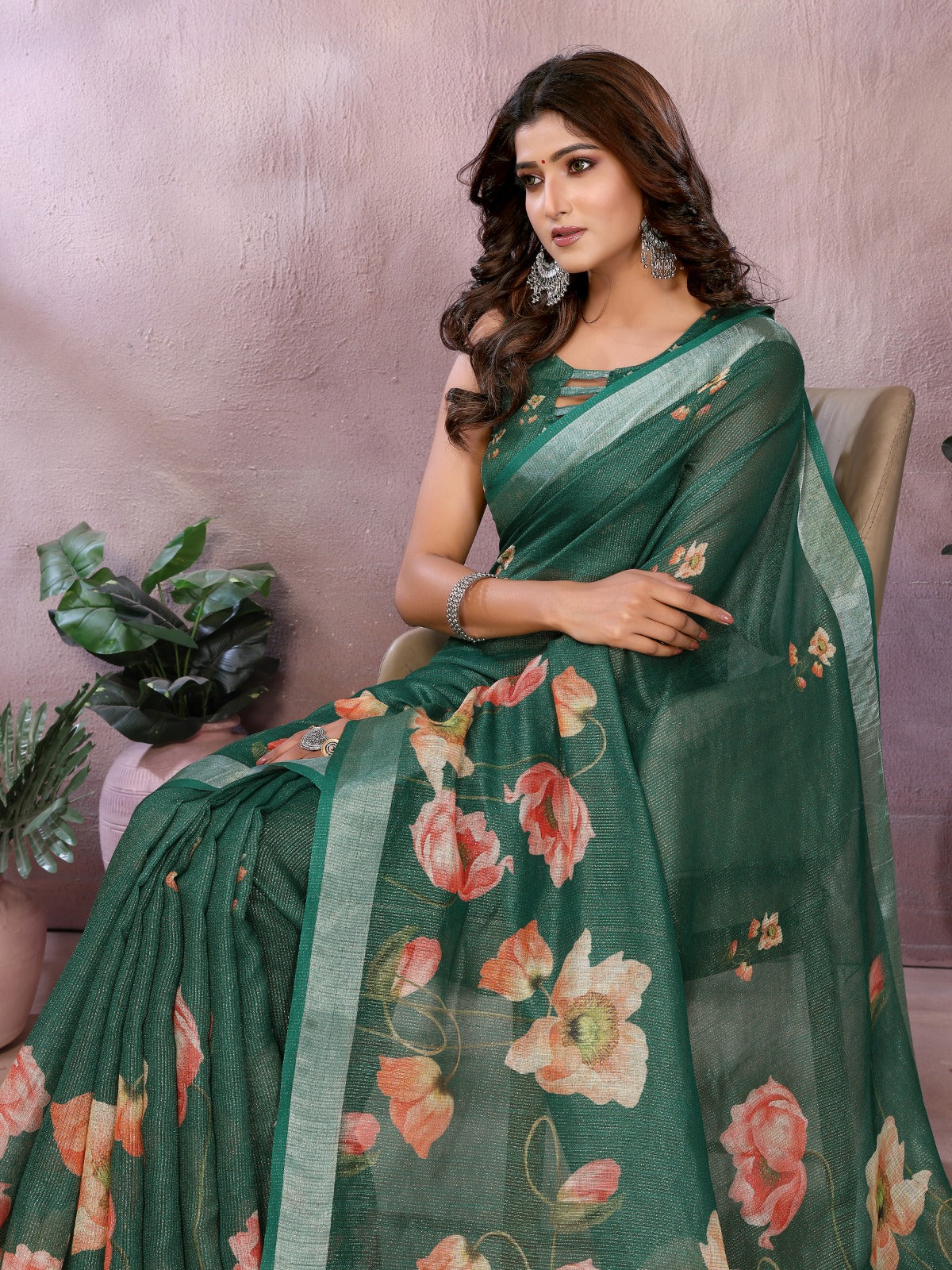 Green Floral Linen Shimmer Saree