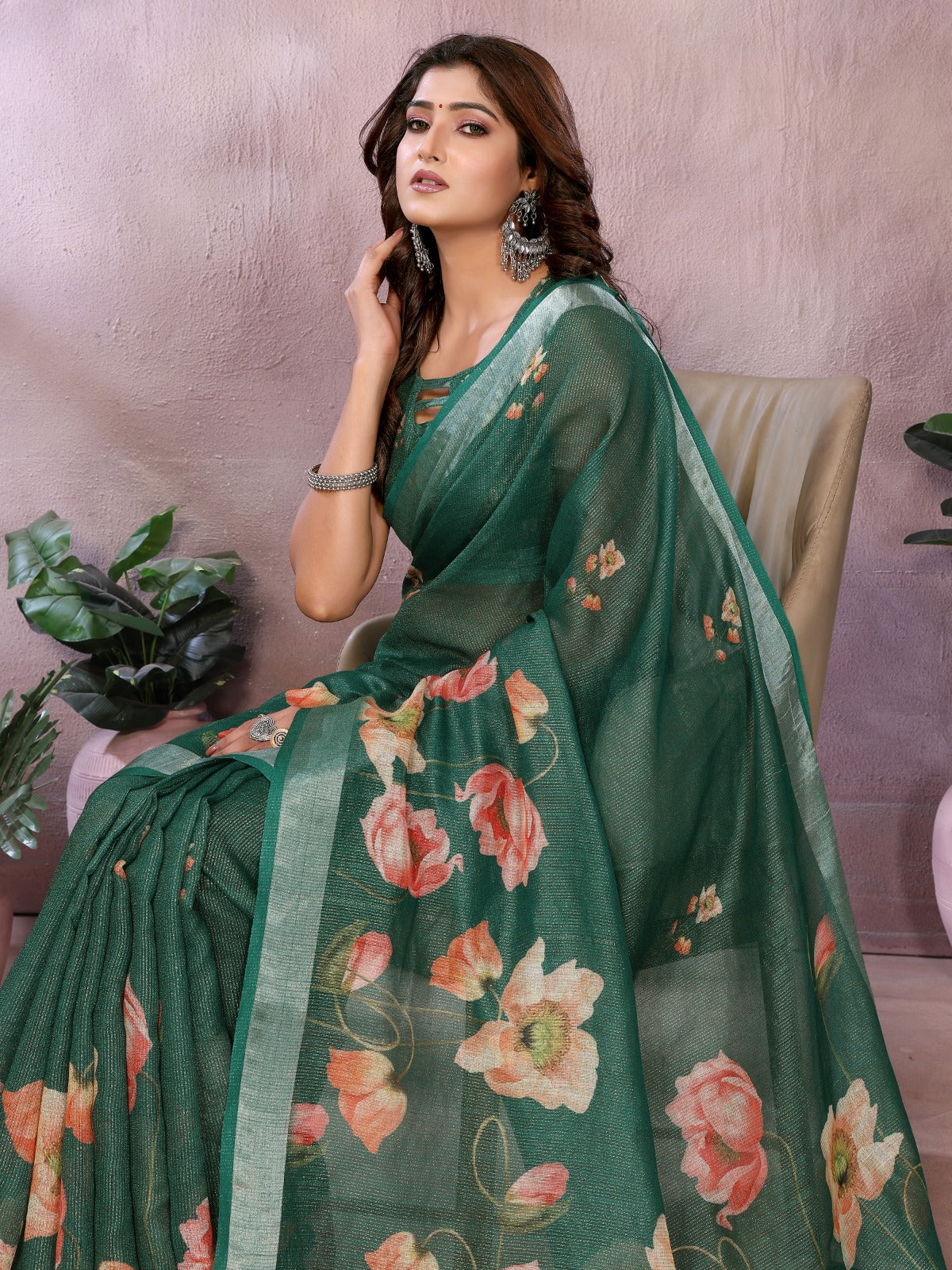 Green Floral Linen Shimmer Saree
