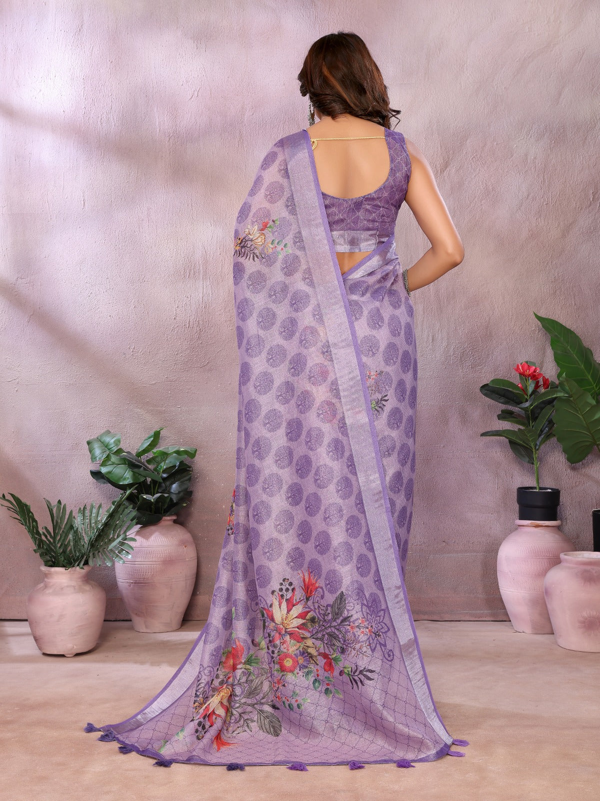 Lavender Floral Linen Shimmer Saree