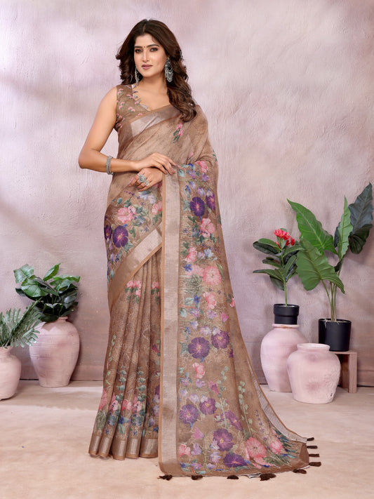 Coffee Brown Floral Linen Shimmer Saree