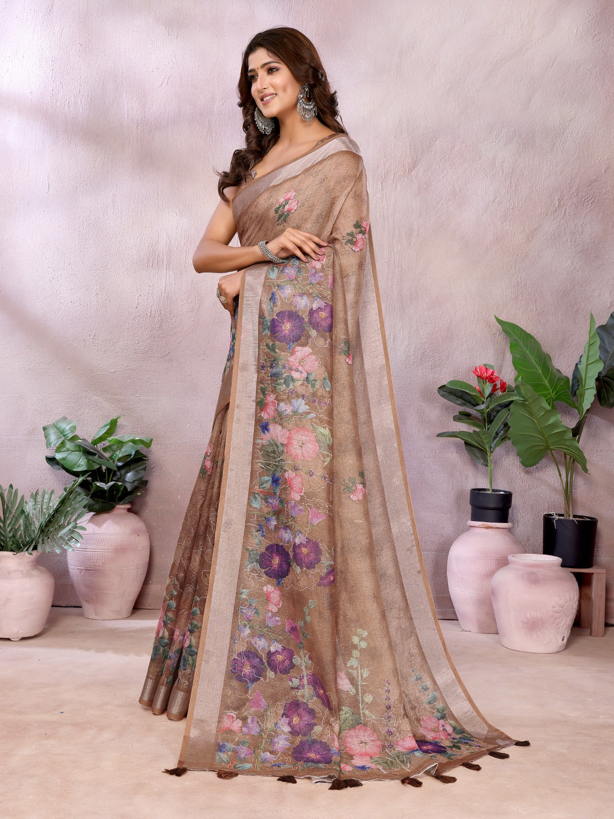 Coffee Brown Floral Linen Shimmer Saree