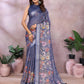 Navy Blue Floral Linen Shimmer Saree