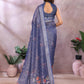 Navy Blue Floral Linen Shimmer Saree