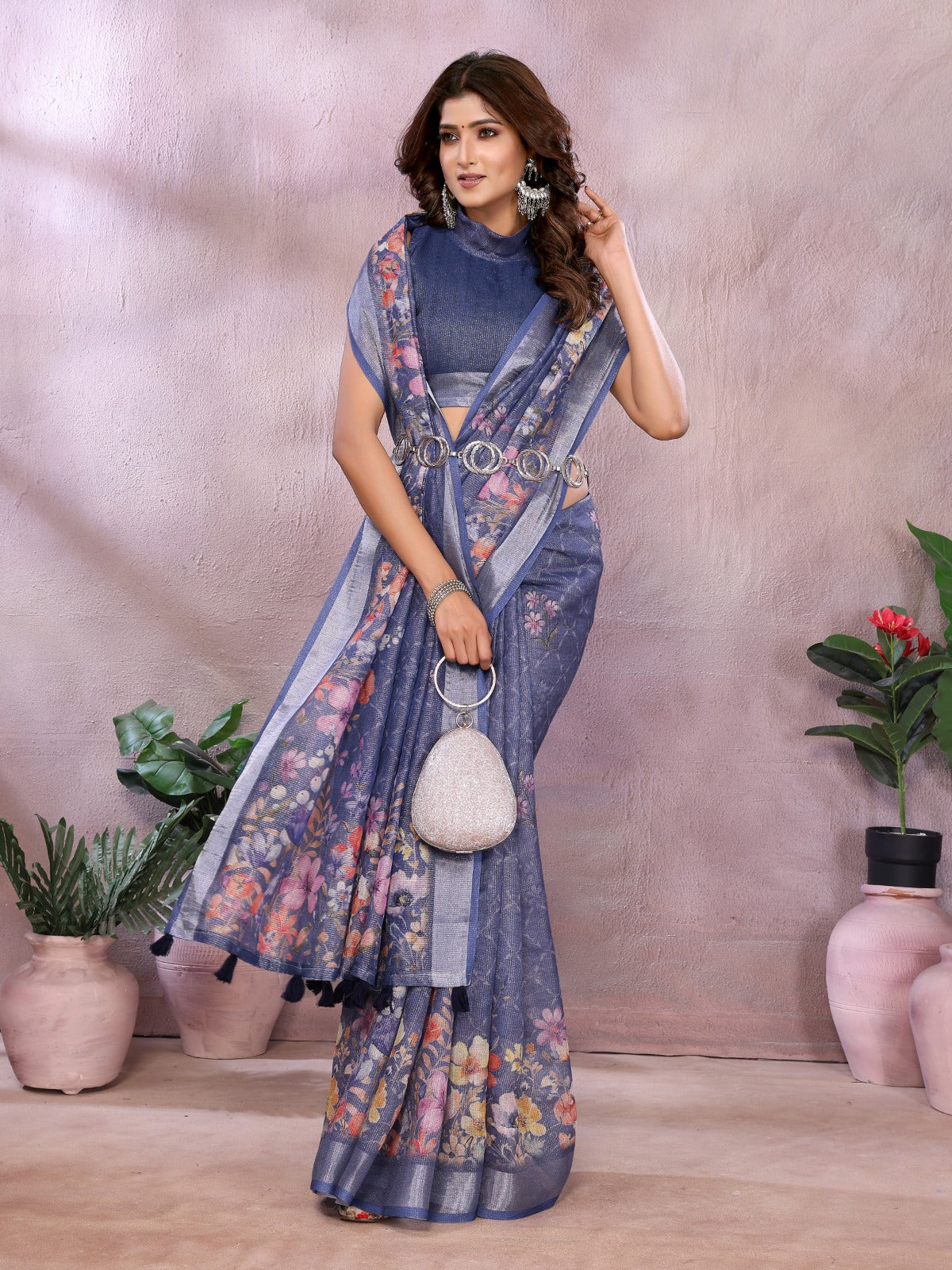 Navy Blue Floral Linen Shimmer Saree