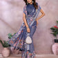 Navy Blue Floral Linen Shimmer Saree