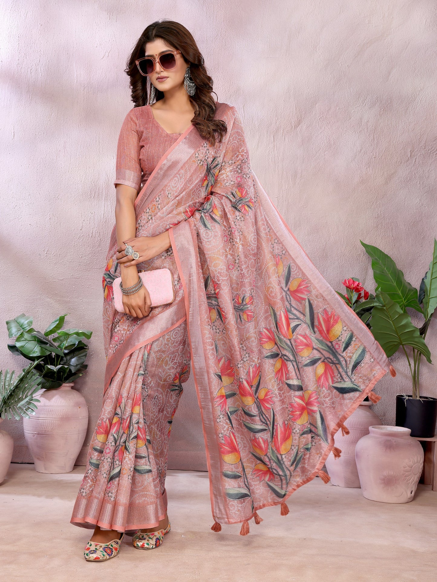 Peach Floral Print Linen Shimmer Saree