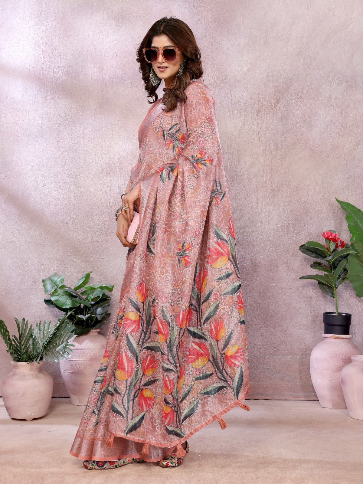 Peach Floral Print Linen Shimmer Saree