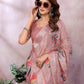 Peach Floral Print Linen Shimmer Saree
