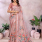 Peach Floral Print Linen Shimmer Saree