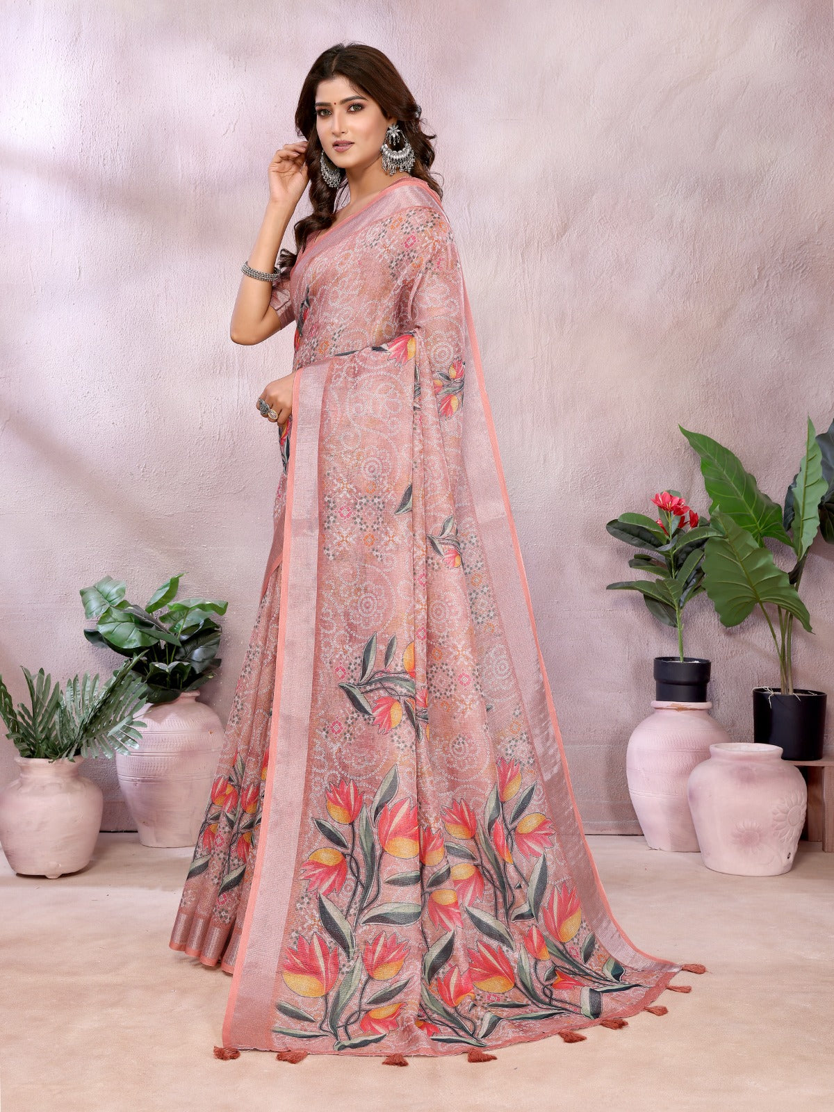 Peach Floral Print Linen Shimmer Saree