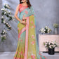 Green & Aqua Floral Print Linen Shimmer Saree
