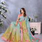 Green & Aqua Floral Print Linen Shimmer Saree