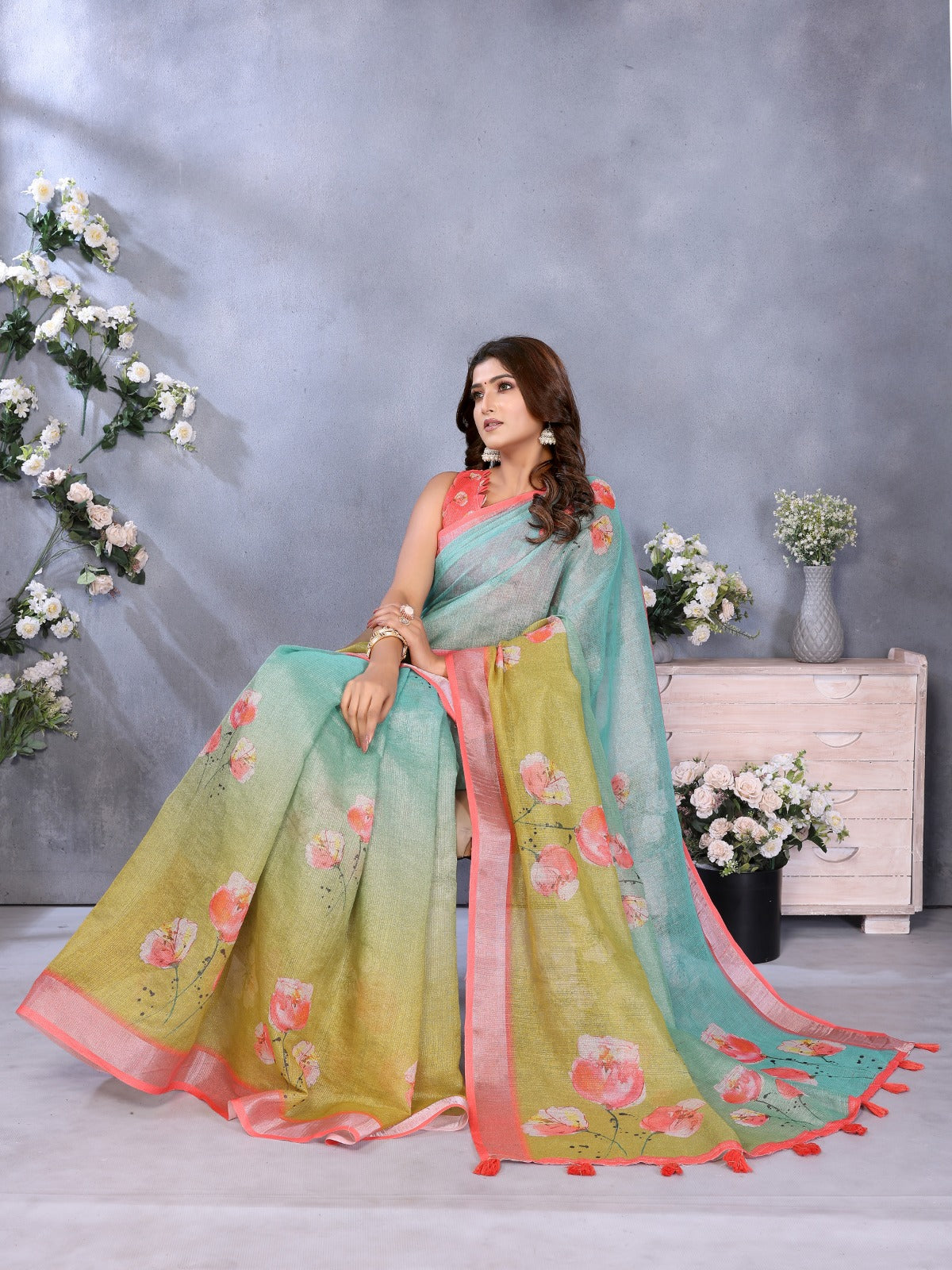Green & Aqua Floral Print Linen Shimmer Saree