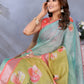 Green & Aqua Floral Print Linen Shimmer Saree