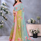 Green & Aqua Floral Print Linen Shimmer Saree